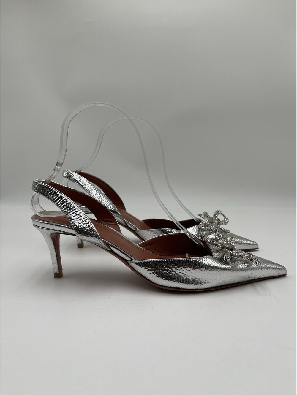 Amina Muaddi Rosie 60 slingback pumps in silver crystal bow Heels Size 37.5